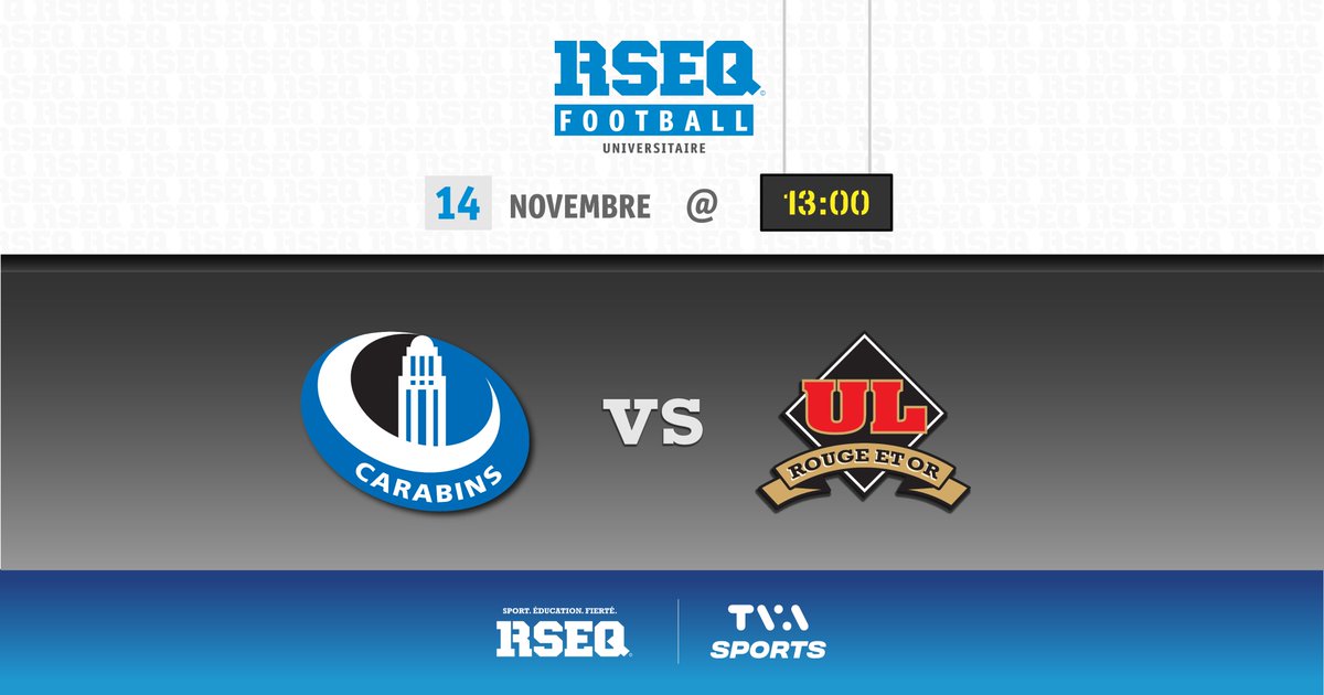 RSEQ1's tweet photo. À NE PAS MANQUER | Coupe Dunsmore
Dans le cadre de la Coupe Dunsmore, le @rougeetor sera à Montréal pour affronter les @Carabins ce DIMANCHE le 14 novembre 2021 à 13h00 le tout diffusé sur @TVASports.
#Rseq #footballrseq #fierté #éducation https://t.co/0re3HqSx0E