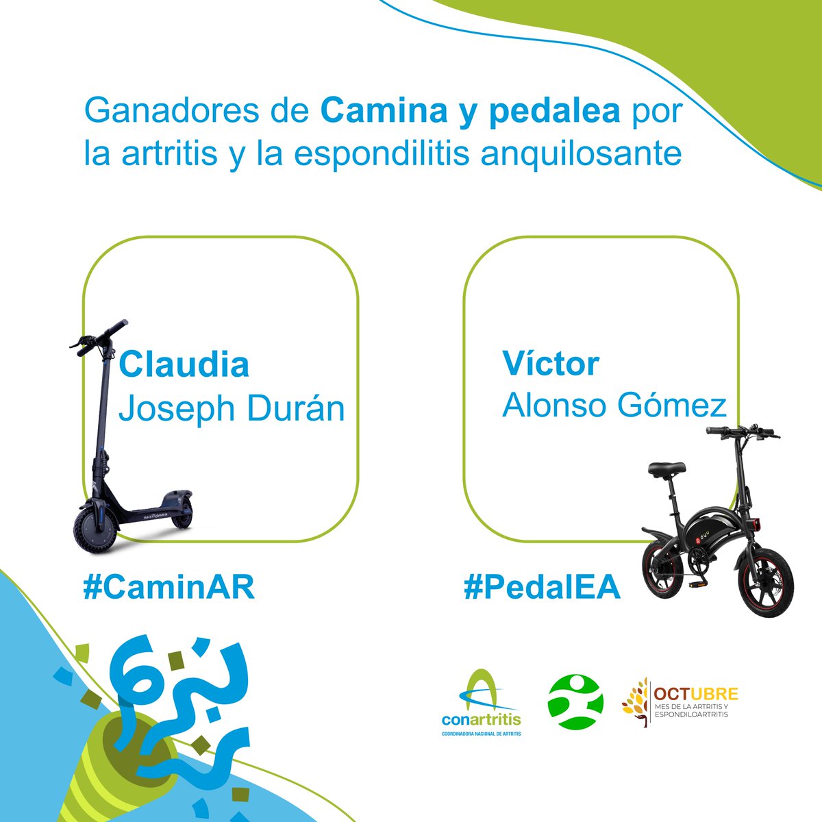 ConArtritis's tweet photo. 🙏Os hemos hecho esperar, pero ya tenemos los ganadores de "Camina y pedalea por la artritis y la espondilitis "#OctAR21
🎖Camina por la artritis: Claudia Joseph Durán.
🎖Pedalea por la espondilitis: Víctor Alonso Gómez
🏆Sorteos: Antonia Martínez Fernández y Ekhiñe Prior Lazkano https://t.co/aNMTXPyRKJ
