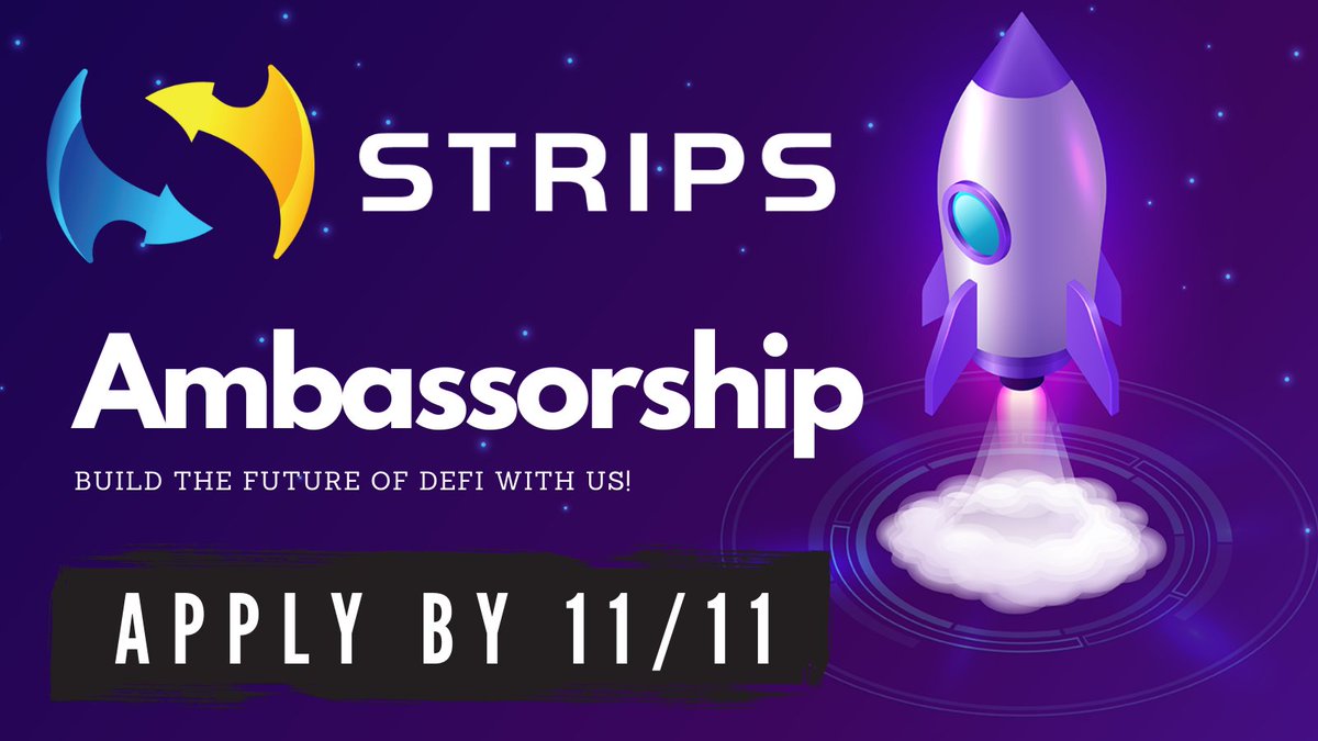 StripsFinance's tweet photo. Calling all DeFi enthusiasts! As we are getting closer to #mainnet launch we are looking to onboard ambassadors from our community. If you want to help build the frontier of DeFi read and apply here!

https://t.co/Dym7Y81r1V

*Deadline 11/11* 🚀 https://t.co/MsIPam9CRw