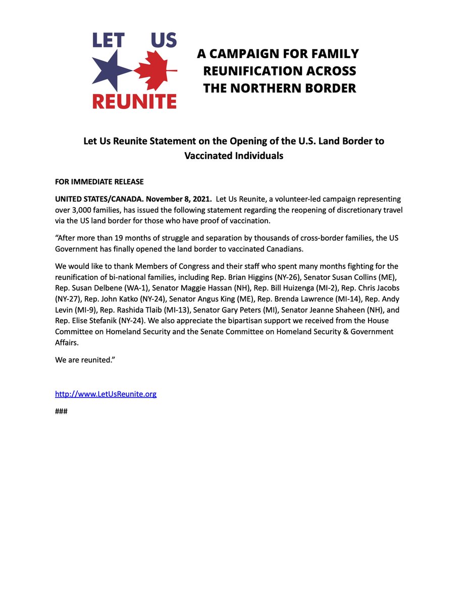 The campaign has released the following statement on the reopening of the US land border to vaccinated Canadians #WeAreReunited