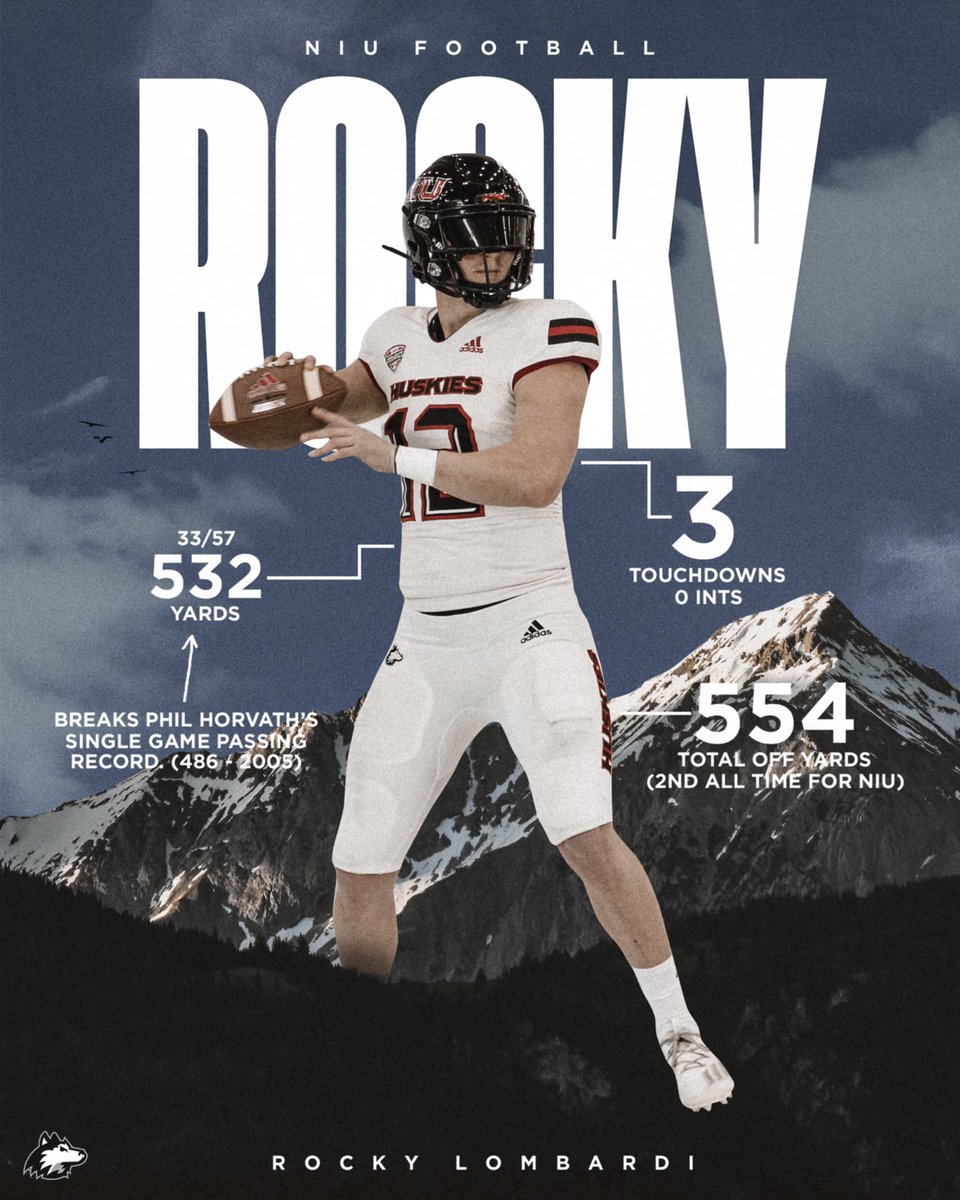 NIU_Football's tweet photo. ROCKY breaking RECORDS 🤜🏼💥

@rocky_lombardi passes Phil Horvath’s single game passing mark with 532 yards against Kent St, the most ever by a Huskie through the air!!

#StalkWeek #BeatBallState #TheHardWay https://t.co/Tci4BsHJL7