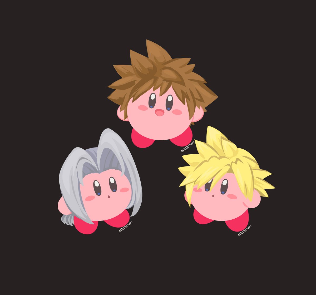 cloud strife ,kirby ,sephiroth spiked hair blonde hair brown hair grey hair multiple boys simple background open mouth  illustration images