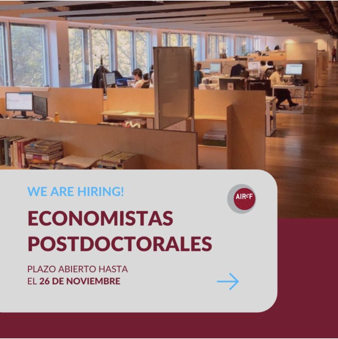 AIReF_es's tweet photo. Quieres formar parte de la @AIReF_es? 🔎  Buscamos economistas postdoctorales para desarrollar evaluaciones de políticas públicas en temas como mercado de trabajo, educación, salud, bienestar, pensiones, impuestos y subsidios. Presenta tu candidatura 👉 https://t.co/xKp6ndTbc1 https://t.co/OBNfKZiPXQ