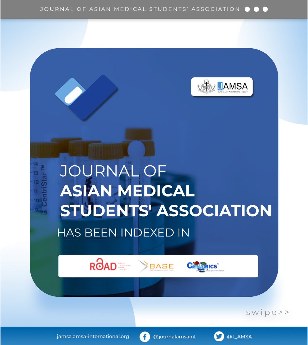 j_amsa's tweet photo. [MILESTONE ALERT]

JAMSA is now indexed in ROAD (Directory of Open Access Scholarly Resources) Indexing, Gale Cengage, BASE (Bielefeld Academic Search Engine), and Genamics Journal Seek. 

Viva JAMSA! https://t.co/XREEKOodyU
