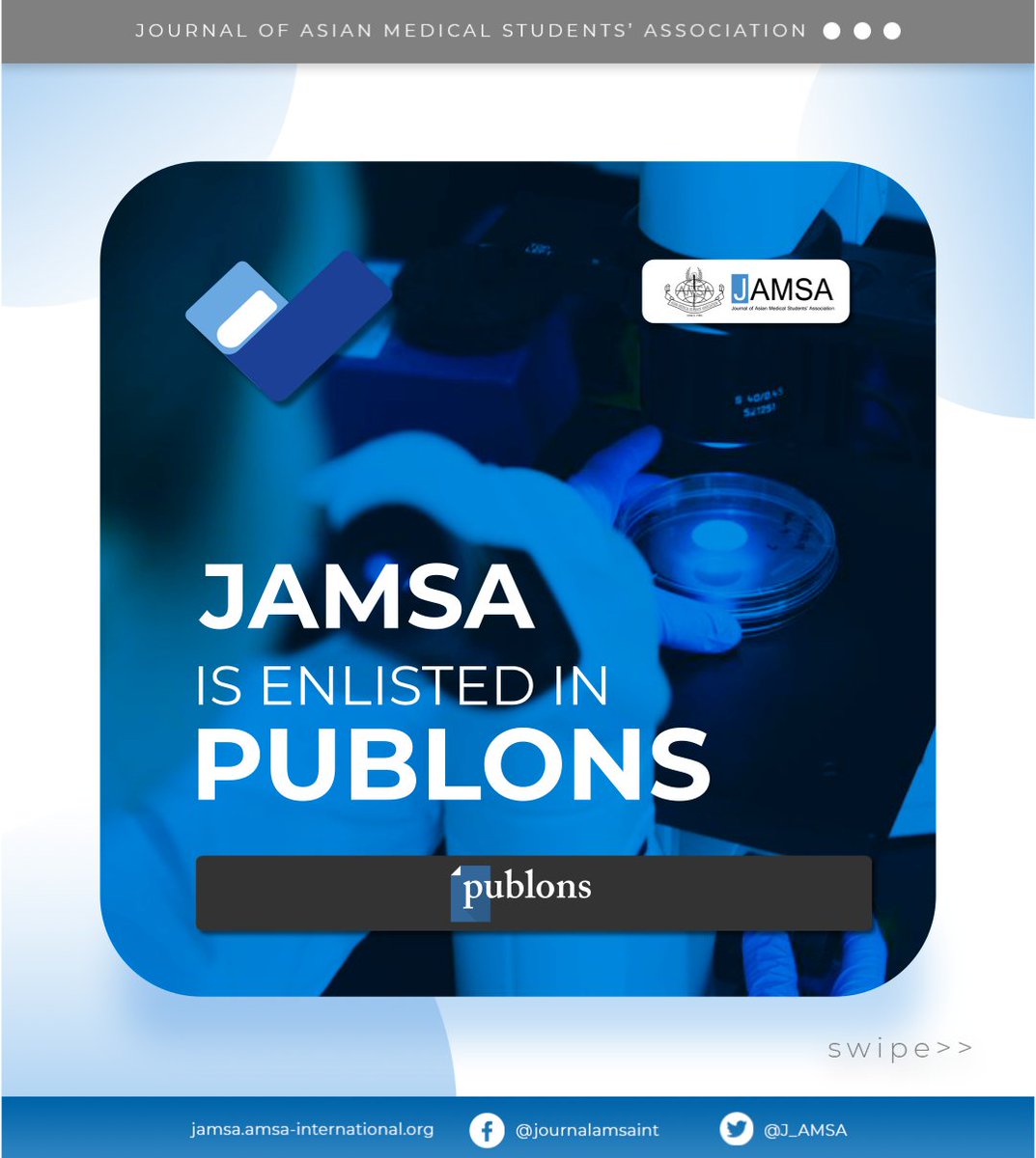 j_amsa's tweet photo. [MILESTONE ALERT]

JAMSA is now enlisted in @Publons! With this, all your publications and contributions to JAMSA as a reviewer, editor, executive or advisor will add to your Publons credits, becoming a part of your research profile for years to follow. 

Viva AMSA! Viva JAMSA! https://t.co/YzSYWYHpaN