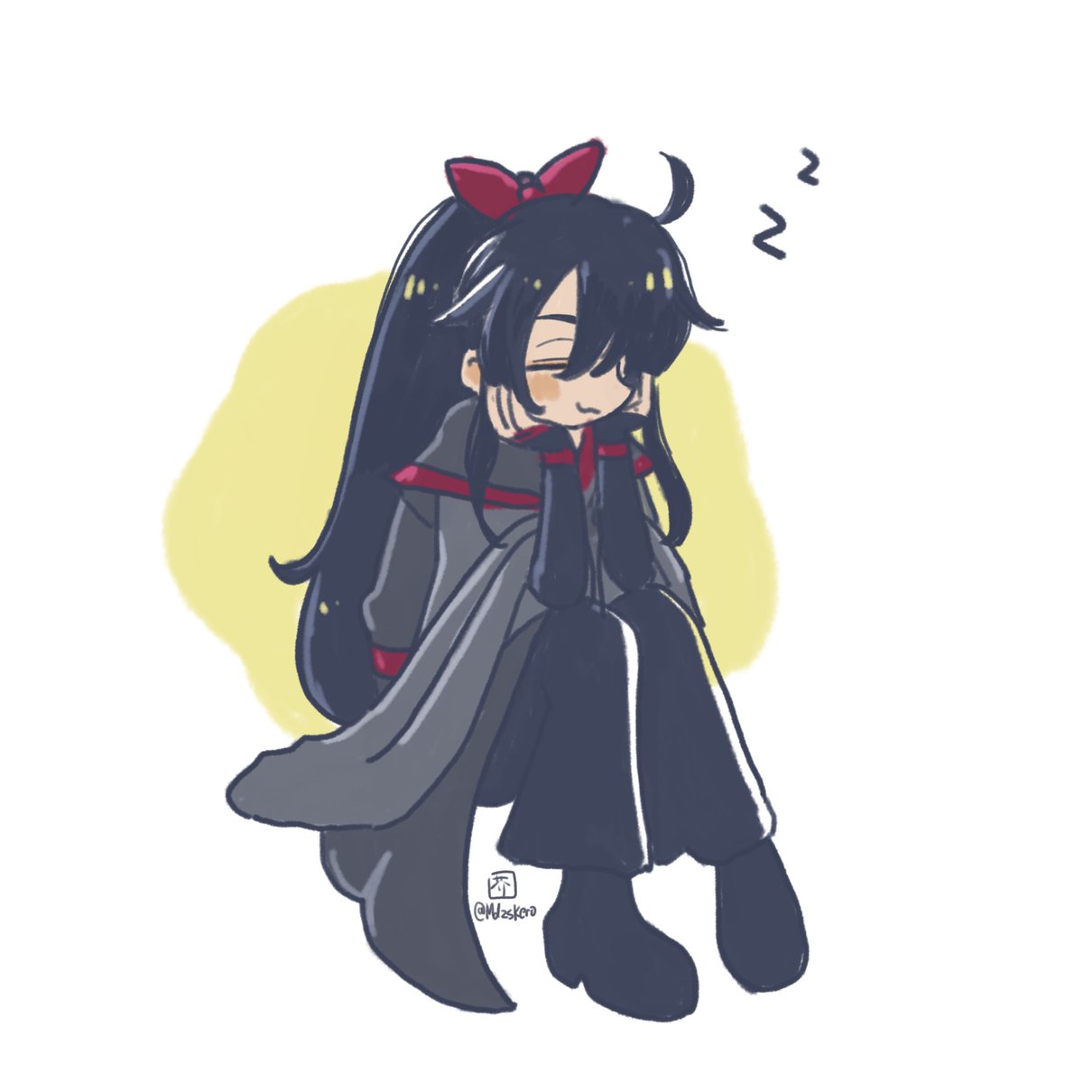solo long hair black hair 1boy zzz ponytail sleeping  illustration images