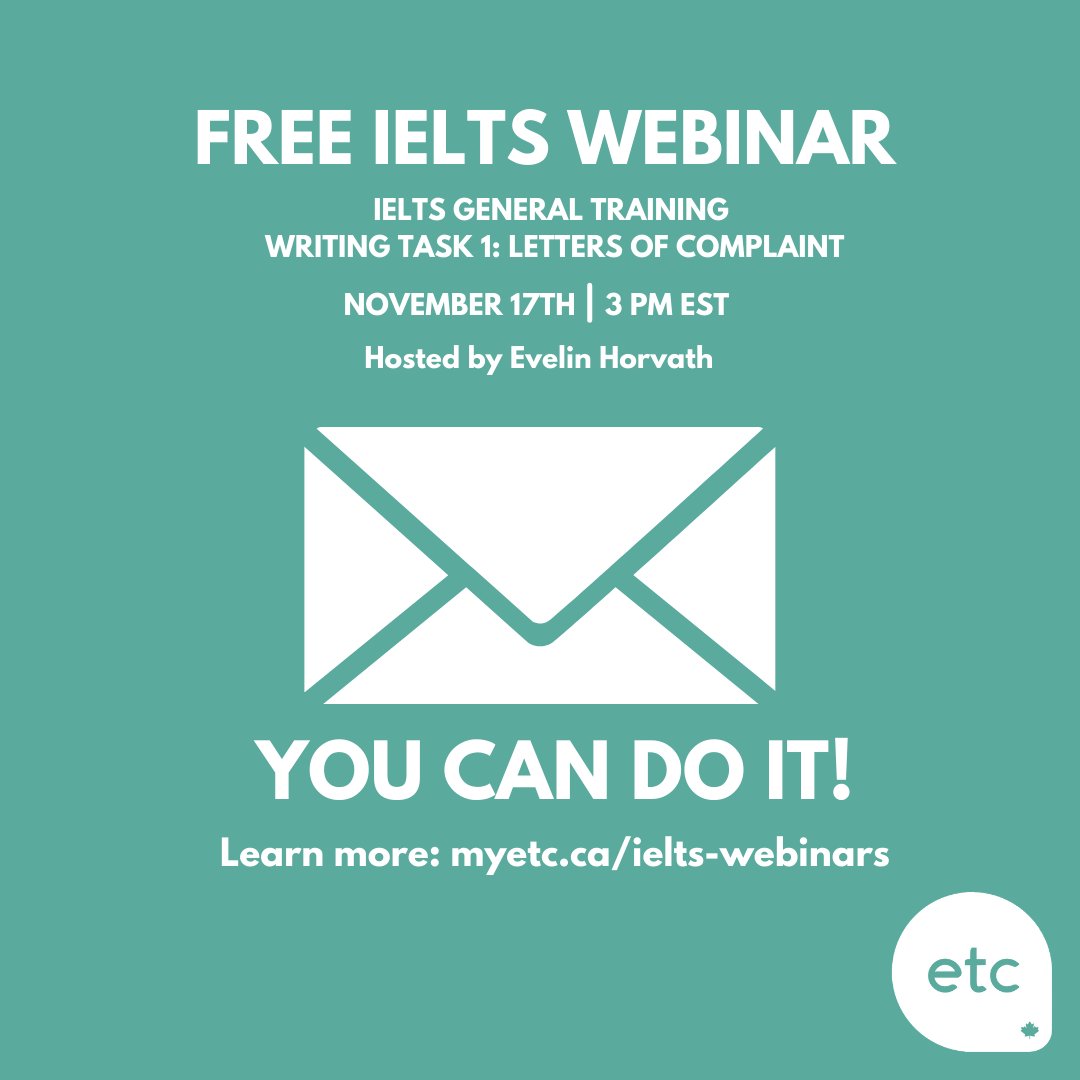 englishtesting's tweet photo. Preparing for the IELTS test? Join us for a FREE online webinar and learn the do's and don'ts of writing letters of complaint, and look at some common mistakes that candidates make.
#EnglishTestingCanada #IELTSCanada #IELTStestingcanada #IELStestprepartion #IELTStest https://t.co/uIRjcRSUxb