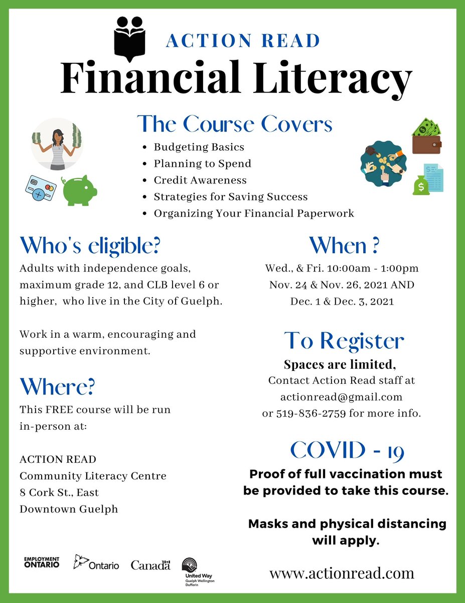 For more information or to register call 519-836-2759

#FinancialLiteracyMonth #LiteracyON #adultliteracy #financialliteracy #literacymatters #literacyimproveslives #LiteracyChangesLives