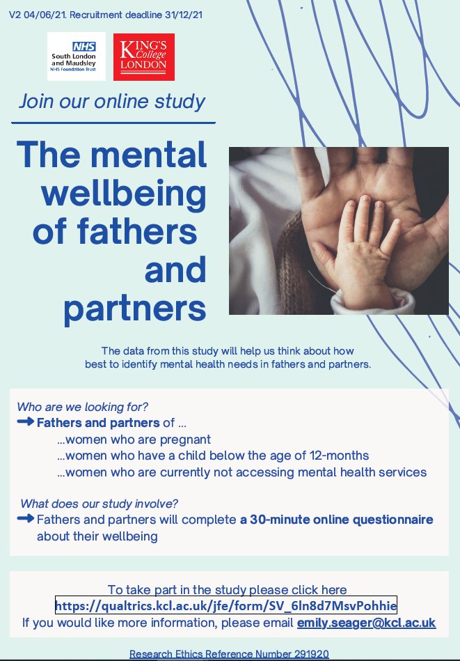 EmilySeager6's tweet image. *Dads to be, new dads and partners*
Is your partner pregnant or do you have a child under 12-months? We are looking for dads and partners to complete our questionnaire on mental wellbeing.
To access survey - 
qualtrics.kcl.ac.uk/jfe/form/SV_6l…
#inspirethemind Please share and RT!