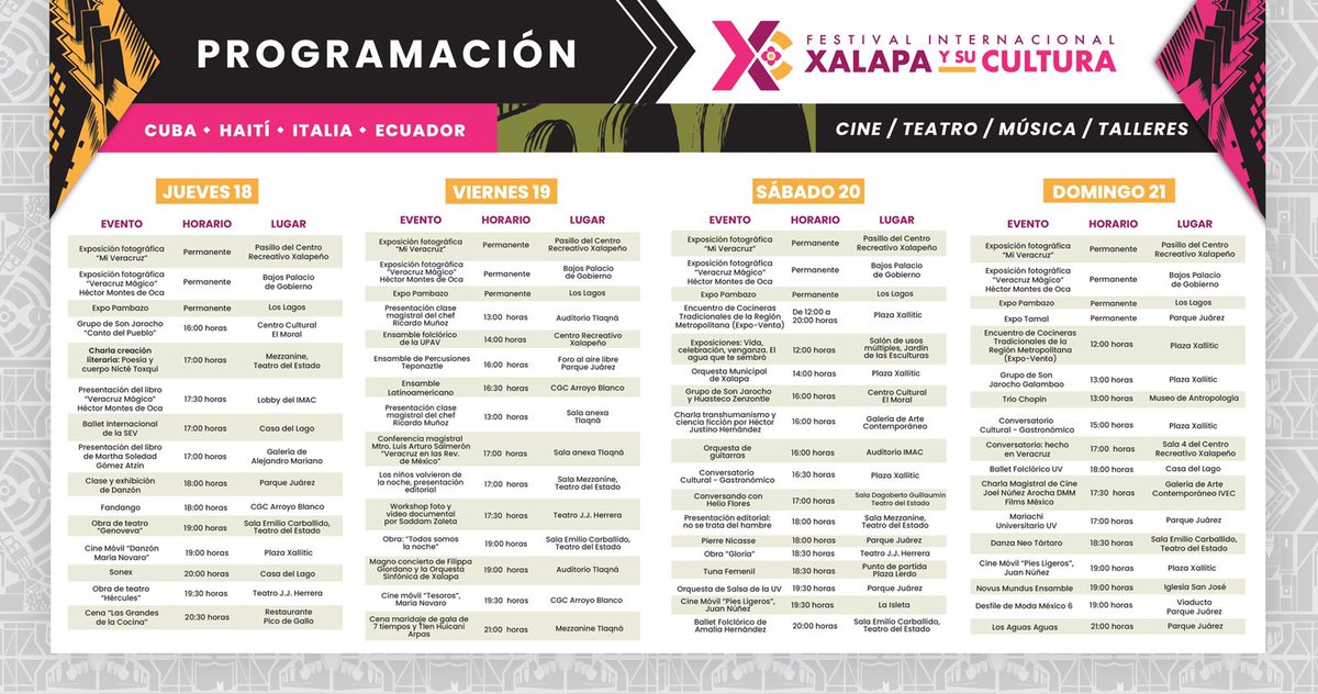PublimetroMX's tweet photo. El Festival Internacional Xalapa y su Cultura te espera del 18 al 21 de noviembre 

Cuba, Haití, Italia y Ecuador son los países invitados

Descubre el cartel, programa de actividades, horarios y sigue los protocolos sanitarios para disfrutar de la experiencia https://t.co/RKQ4faPM6E