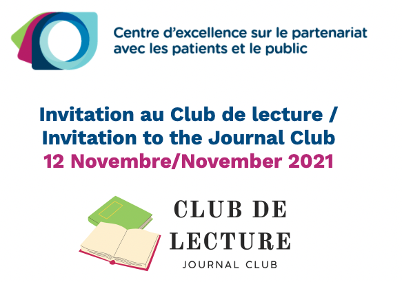 GenevieveDavid_'s tweet image. Le Club de lecture permet de discuter du partenariat avec les patients et le public à l'aide d'un support (article, balado). But: lire sur différentes sphères du partenariat, d'en discuter en groupe et d'amener la réflexion plus loin ensemble. Inscription: forms.gle/9xaoZbjQSi7LLC…