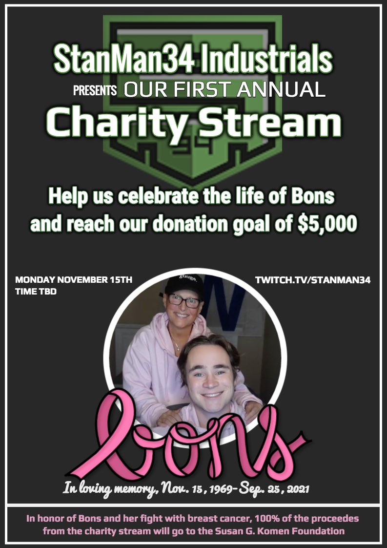 🚨 LADIES AND GENTS 🚨 

Announcing our first annual charity stream honoring the life of my wonderful mother and her fight against breast cancer.  

There will be milestone incentives, giveaways, and more!

❗️more info to come this week ❗️