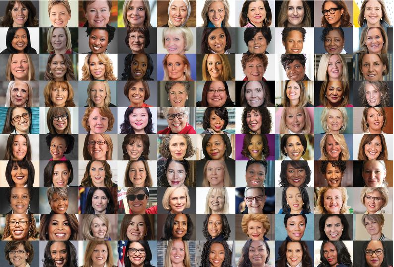 A grid of photos of headshots of the 100 most influential women in Michigan