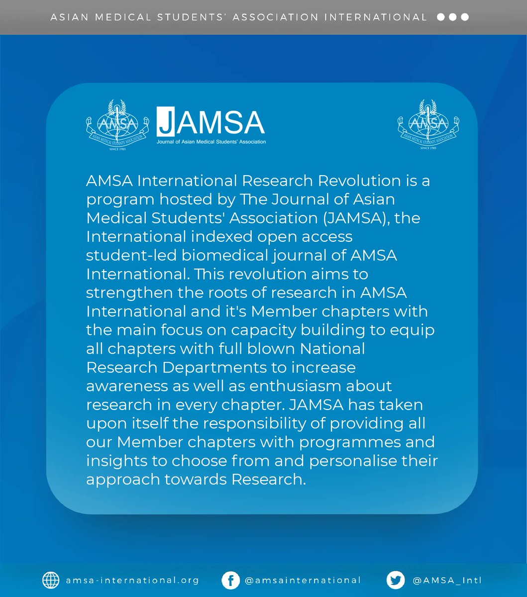 j_amsa's tweet photo. Do you want to develop your chapter’s research department?
Then come and be a part of AMSA International Research Revolution!

We have a lot of programs to choose and personalize according to your chapter. So to all RCs and Research Enthusiasts, what are you waiting for ?! https://t.co/2rPRMHbJ4w