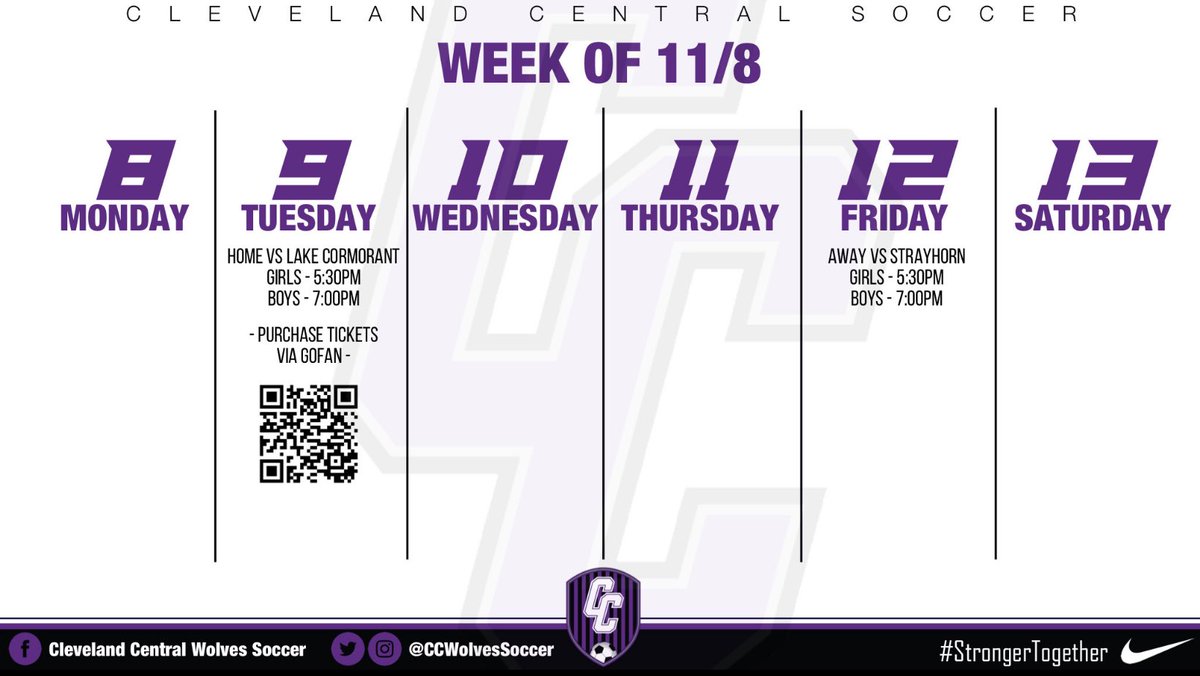 CCGirlsSoccer's tweet photo. This week for Cleveland Central Soccer! 

🏡 vs Lake Cormorant 
🚌 vs Strayhorn 

🟣Girls: 5:30 PM 
⚫️Boys: 7 PM  

#StrongerTogether https://t.co/l5jwjTlGEM