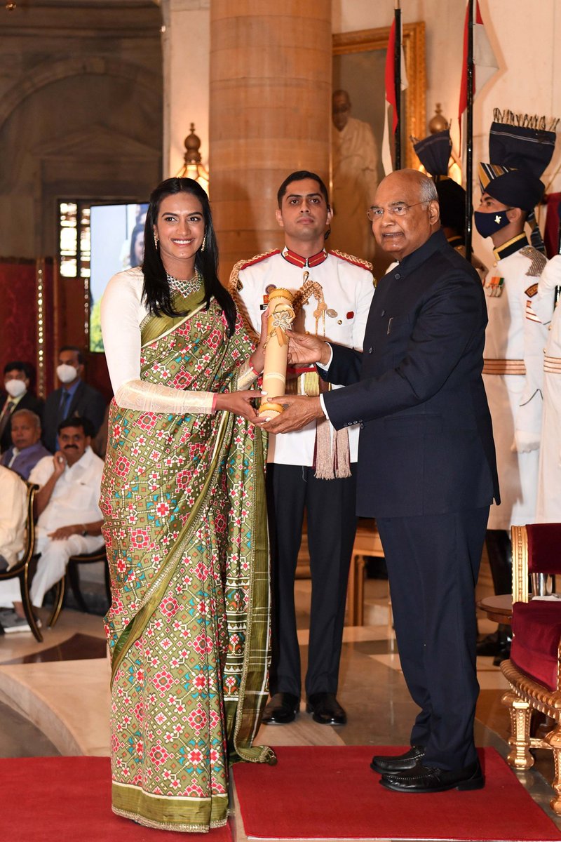 @AskAnshul President Kovind Padma Bhushan to Kum. P.V. Sindhu for Sports. A leading Indian badminton player, she is the first Indian ever to become a badminton world champion. She has also won the silver medal at Rio Olympics. 
#Istandwithanshulsaxena today and always