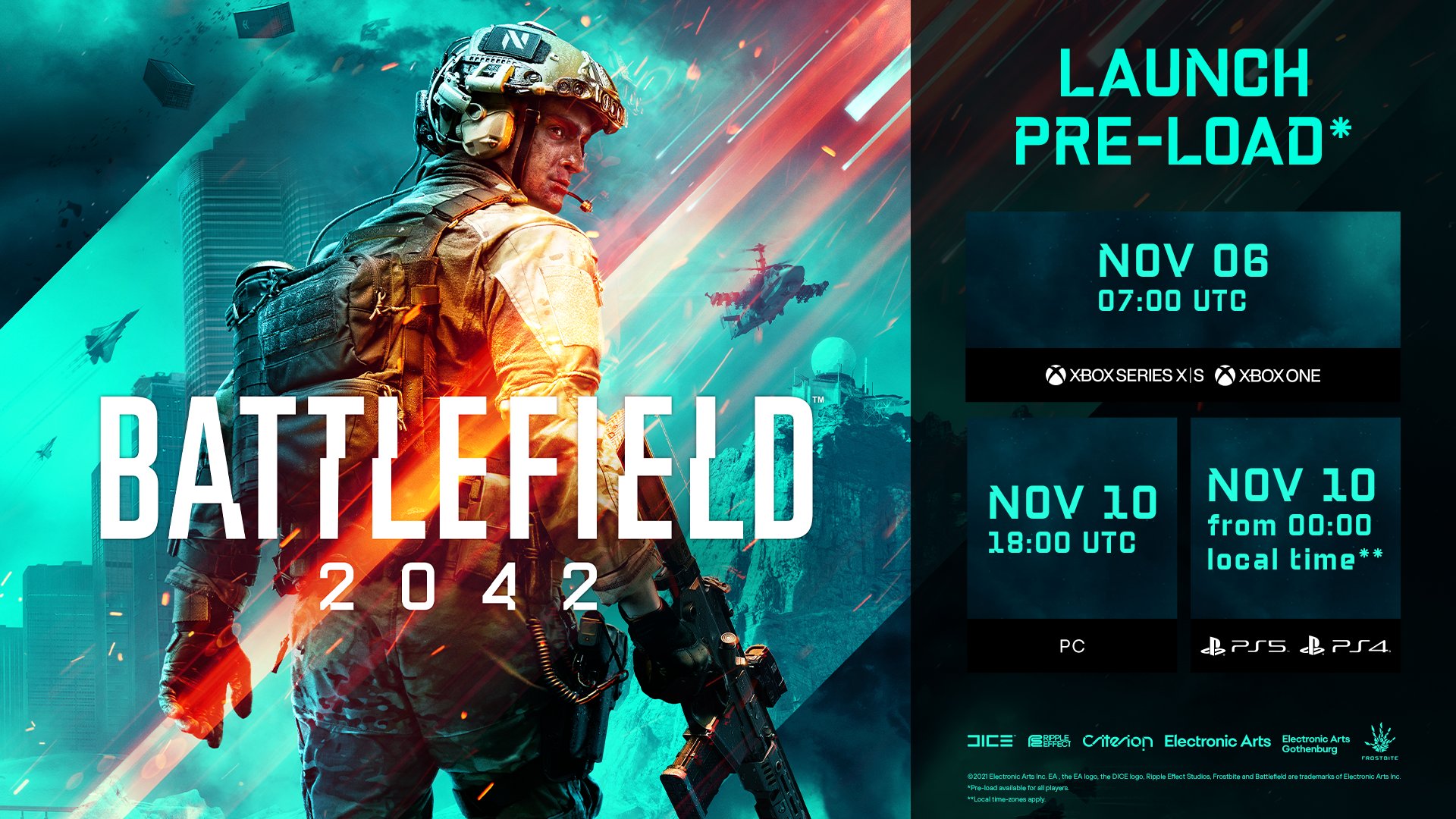 Battlefield 2042 updated pre-load timing. Xbox pre-load available now. PC November 10 6pm UTC, PlayStation November 10 00:00 local time.