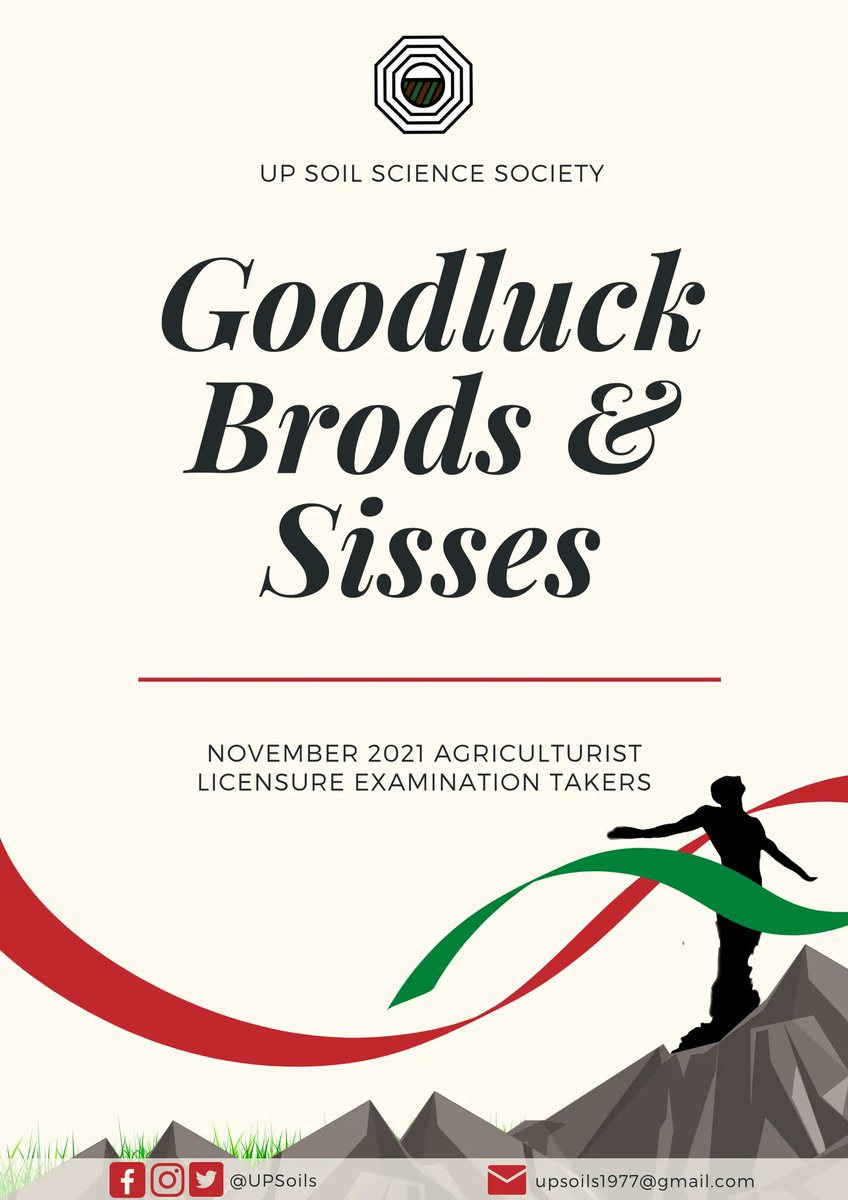 UPSoils's tweet photo. UP Soil Science Society wishes the best of luck to its brods and sisses who will be taking the Agriculturist Licensure Examination this November 2021.
Padayon!
#soilforprogress https://t.co/cFqFz316uE