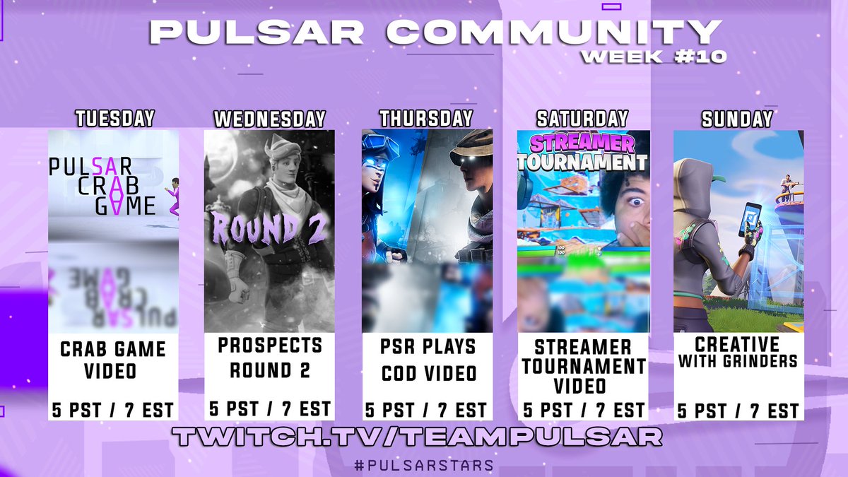 PulsarLLC's tweet photo. Pulsar Community Week #10 💫

Tuesday: Pulsar Crab Game Video
Wednesday: Pulsar Holiday Round 2
Thursday: PSR Plays Cod Video
Saturday: PSR Streamer Tourney Vid
Sunday: Creative with grinders 

#PulsarStars🌟 https://t.co/tGYkQV8AJi