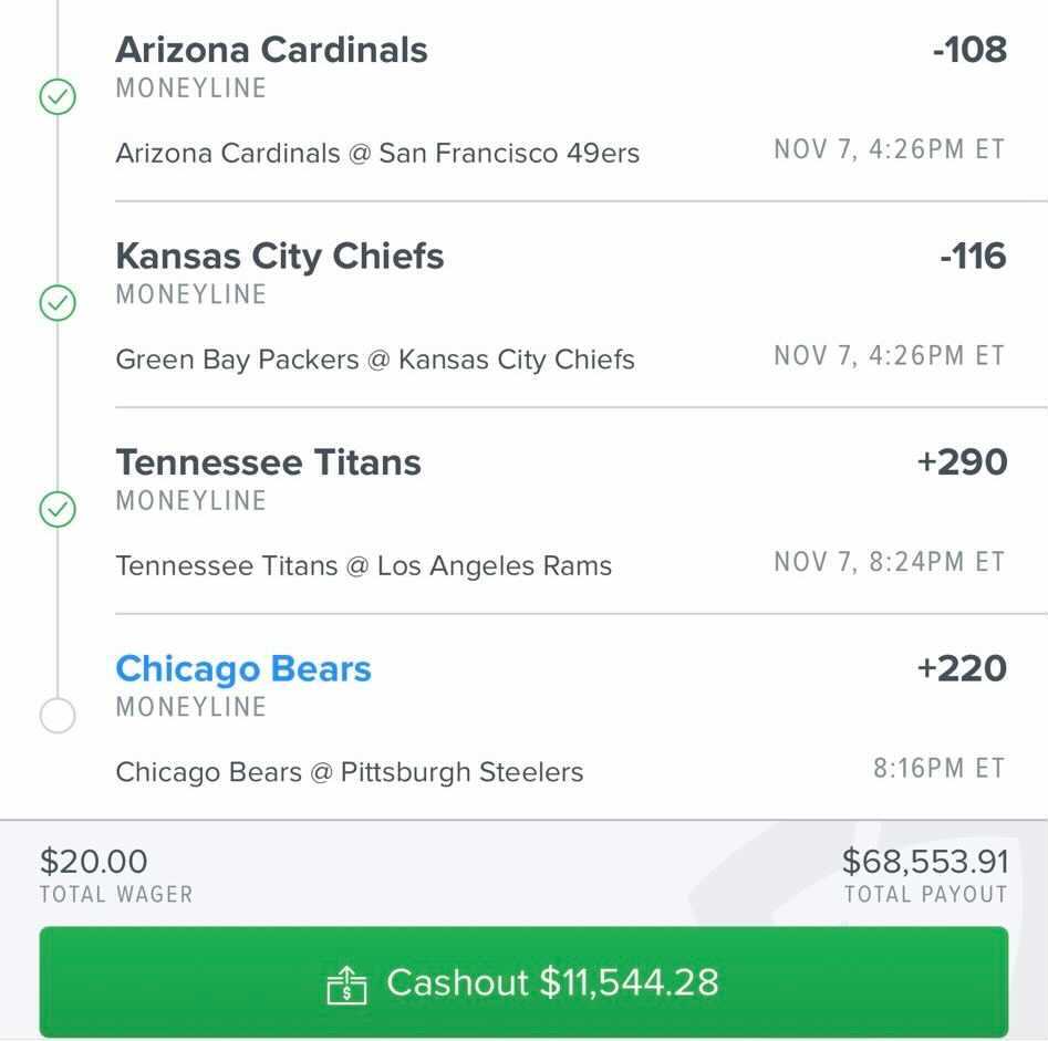 ActionNetworkHQ's tweet photo. $20 to win $68.5K riding on the Bears ML. 

Would you cash out, hedge or let it ride? 🤔

(via @FDSportsbook | @valonk17) https://t.co/NJcaV3ElV0