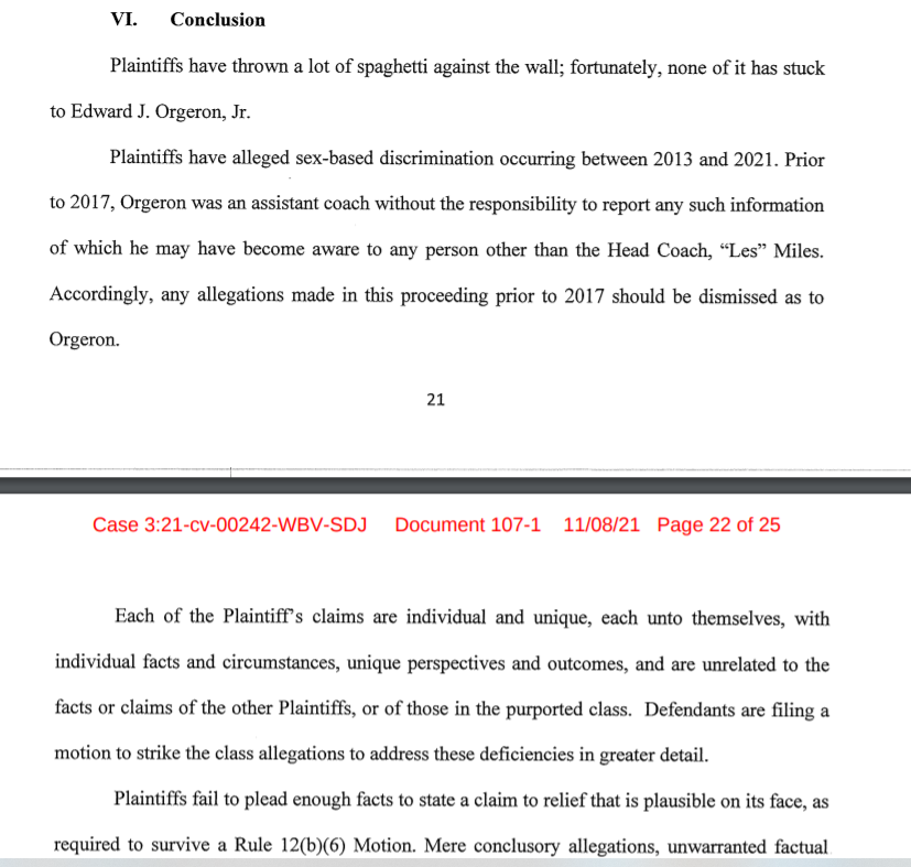 BrodyAMiller's tweet photo. #LSU coach Ed Orgeron's attorneys have filed a motion to dismiss all claims against Orgeron in the Abby Owens lawsuit against LSU by Owens and other victims. 

They call allegations against Orgeron "spaghetti on the wall" and that "none of it has stuck." https://t.co/sya09n3N9z
