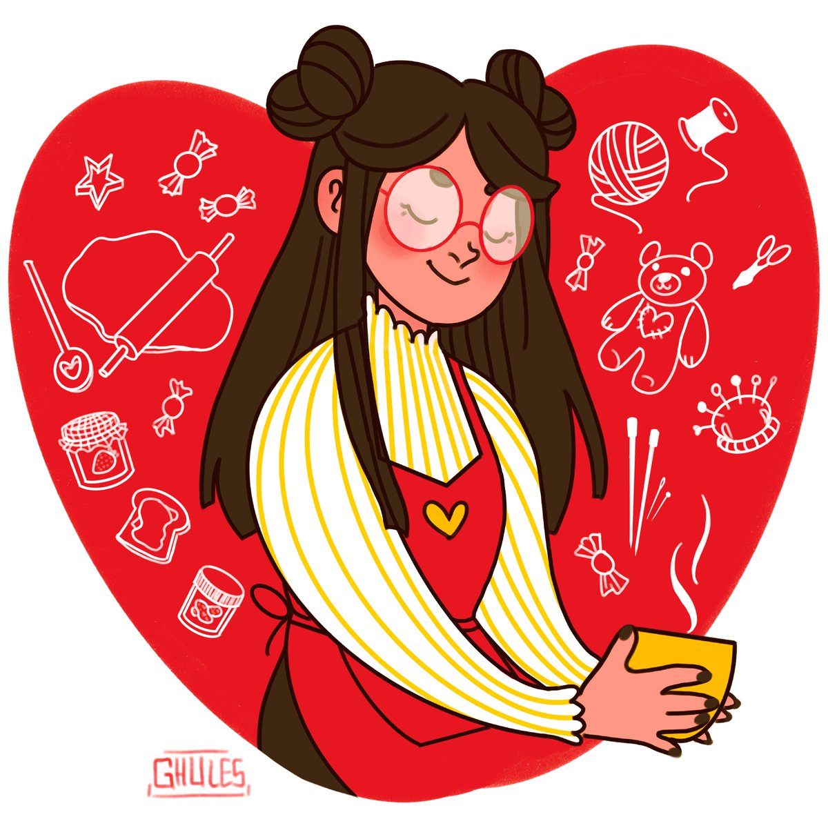 A girl with heart shaped hairbuns, dark brown hair and glasses. She's holding a cup of tea and enjoying it with her eyes closes. The background features vague cooking and sewing imagery.