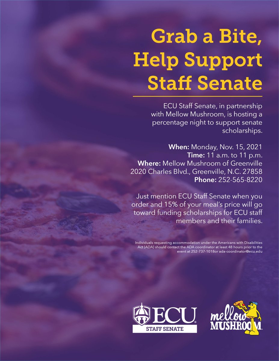#Pirates, help support Staff Senate by purchasing your lunch next week at Mellow Mushroom! A portion of the proceeds from your purchase will go toward Staff Senate scholarships.

🗓️ Monday, Nov. 15, 2021
⏰ 11 a.m. to 11 p.m.
📍Mellow Mushroom of Greenville