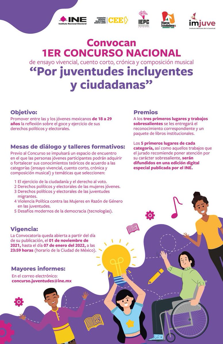 INE Chiapas (@ine_chiapas) on Twitter photo Sé parte de las #JuventudesINE con el 1er Concurso nacional de ensayo vivencial, cuento corto, crónica y composición musical “Por juventudes incluyentes y ciudadanas”.
#InvitaciónINE
Convocatoria ➡️ bit.ly/2ZLrB0i
¿Dudas? Escríbenos a concurso.juventudes@ine.mx. Sé parte de las #JuventudesINE con el 1er Concurso nacional de ensayo vivencial, cuento corto, crónica y composición musical “Por juventudes incluyentes y ciudadanas”.
#InvitaciónINE
Convocatoria ➡️ bit.ly/2ZLrB0i
¿Dudas? Escríbenos a concurso.juventudes@ine.mx.