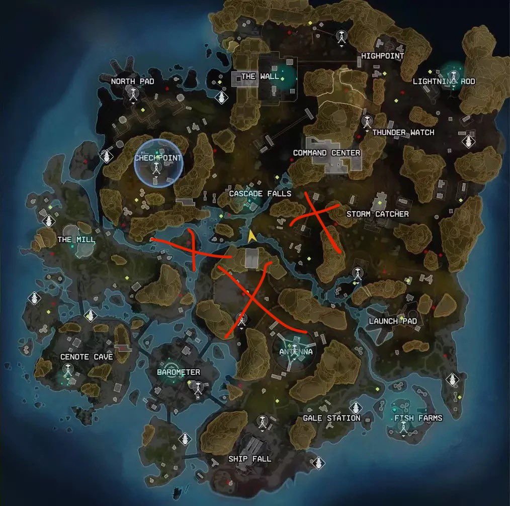caseycrits's tweet photo. Places you avoid at all costs on storm point in #ApexLegends 

Jurassic park 1 &amp; 2 
Running up murder hill

Original map in replies https://t.co/LBBXYWBWJ7