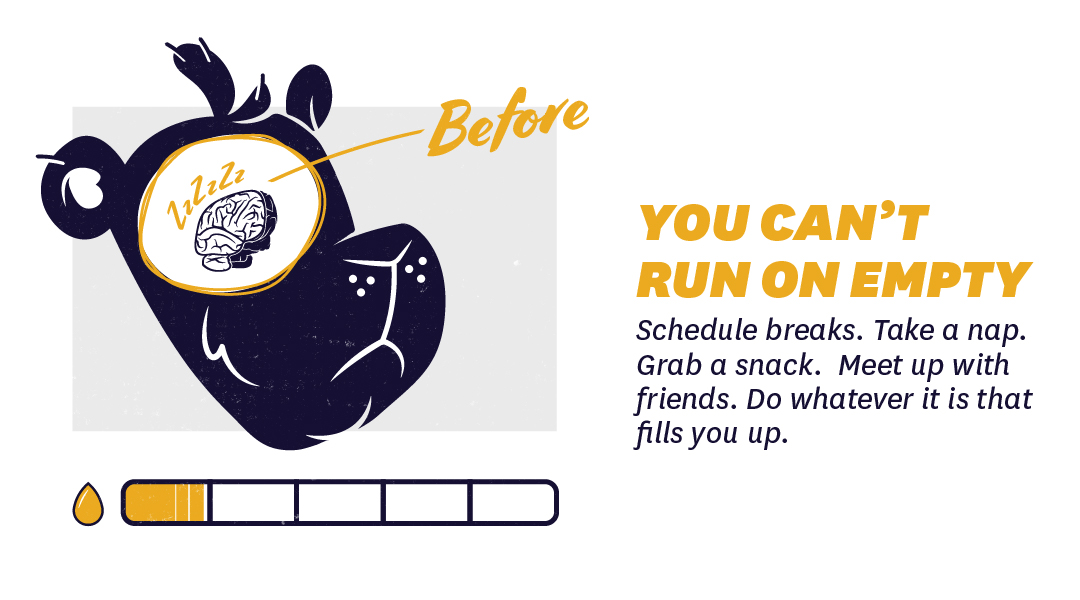 KentState_ASC's tweet photo. You can't run on empty.  The ASC and @KentStateCareer have some great ideas to help you refuel.  Remember to do what fills YOU up - it's your race after all! https://t.co/JiynbDHGYI