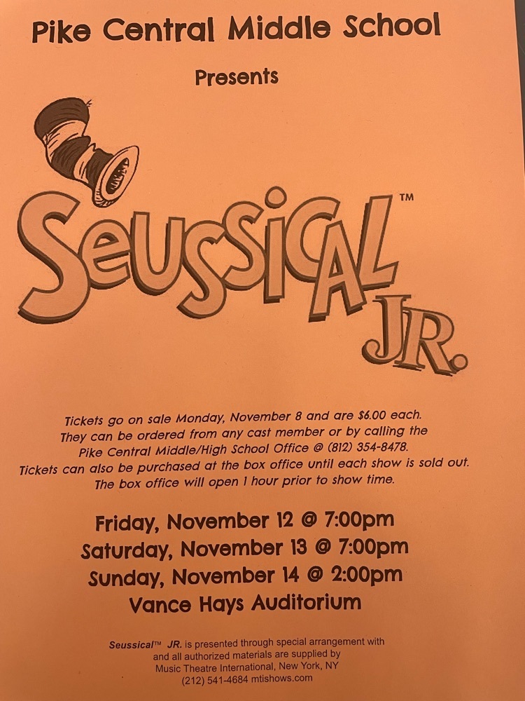 Don’t forget about the musical performance,Suessical, this weekend in the Vance Hays auditorium! Contact Pike Central or any cast member if you want tickets. Check the flyer for show times. Tickets are only $6.