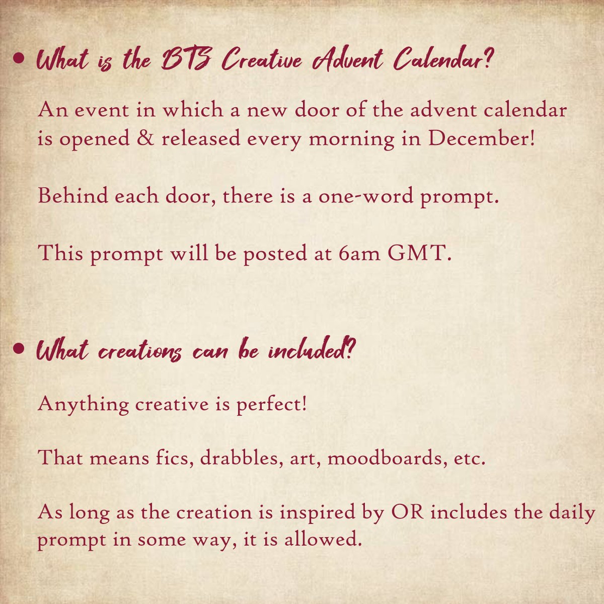 btswinteradvent's tweet photo. ✨ BTS WINTER CREATIVE ADVENT CALENDAR ✨

A 24-day event in which a new door of a creative advent calendar is opened each morning in December..

And a one-word inspiration prompt pops out! https://t.co/h932EKXeHD