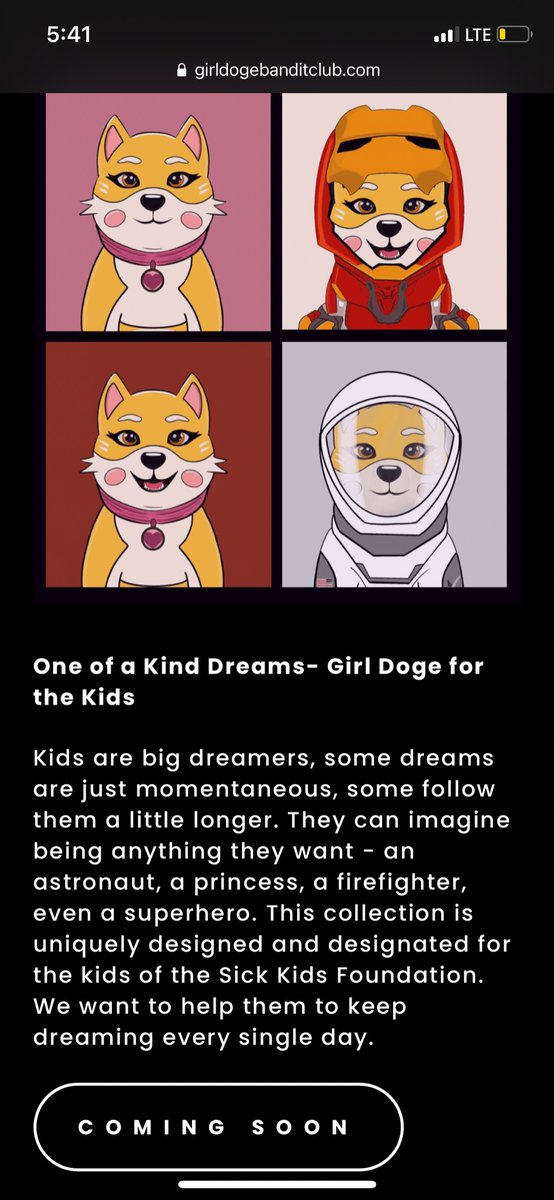 Our first collection “One Of A Kind Dreams” is in the making and is designated to the SickKids Foundation. A large portion of the proceeds and royalties will go towards the research and care for these children in need.
#Metaverse #NFTs #BSCGems #BinanceSmartChain #girldogecoin