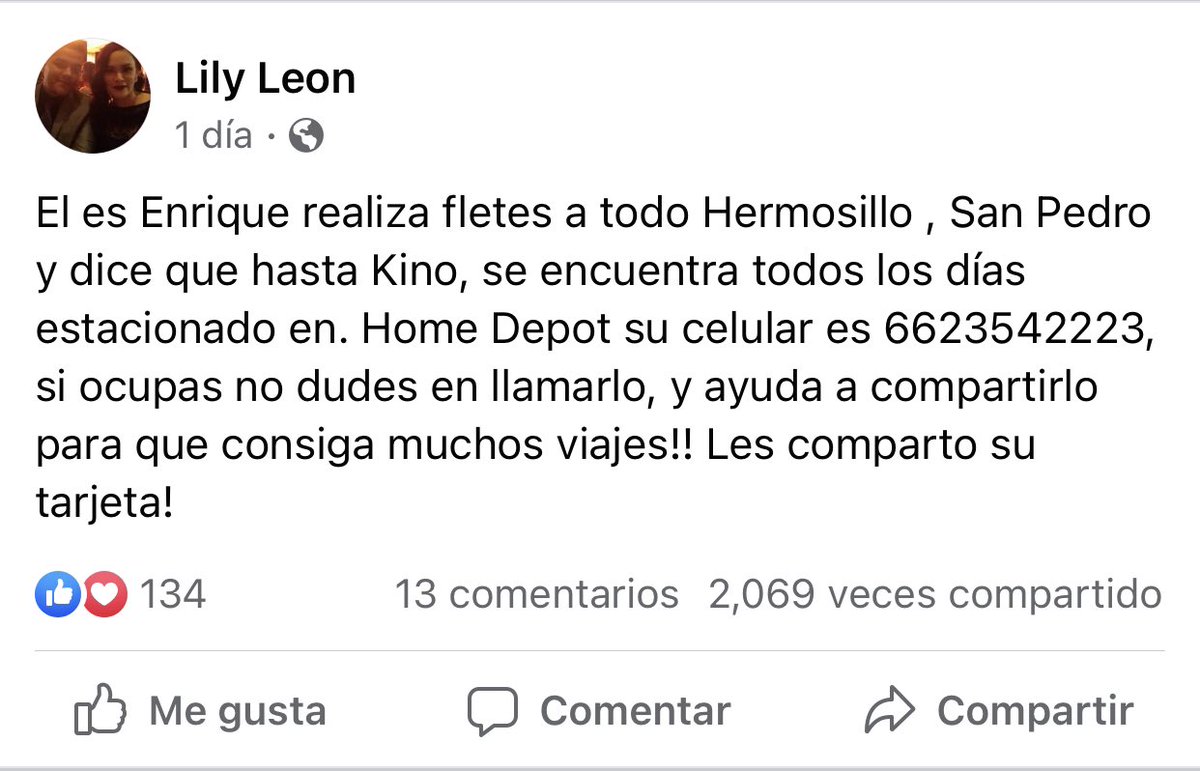 CARLOSEES's tweet photo. “Él es Enrique realiza fletes a todo Hermosillo , San Pedro y dice que hasta Kino, se encuentra todos los días estacionado en. Home Depot su celular es 6623542223, si ocupas no dudes en llamarlo, y ayuda a compartirlo para que consiga muchos viajes!! Les comparto su tarjeta!” https://t.co/s5QcEDMW7r