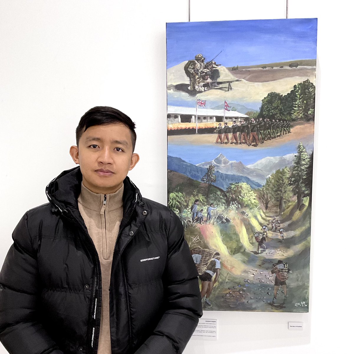 Serving soldier LCpl Shankar has been setting up his painting in @MorayArtCentre ahead of the exhibition tomorrow. ‘ The Story of the #Gurkha’ will be familiar to many in the @Gurkha_Brigade. This painting is alongside work from @MorayCollege & #military & civilian #artists.