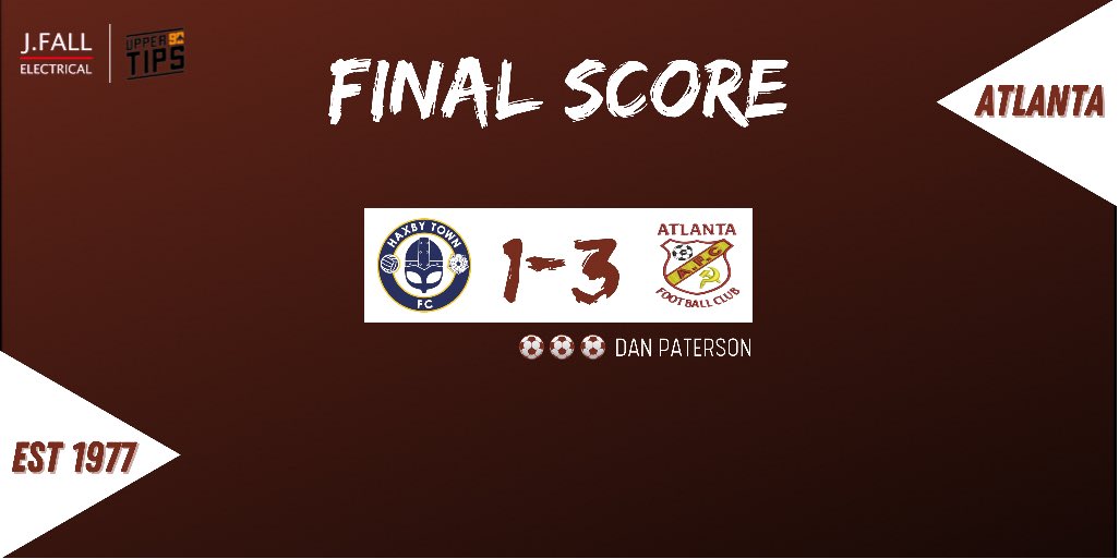 𝐅𝐮𝐥𝐥 𝐓𝐢𝐦𝐞 | Atlanta made the trip to York on Sunday to face undefeated Haxby Town. A solid team performance saw the Maroons take home an important 3pts. 

Match Report on Facebook &amp; Instagram.

👕 Home Kit Sponsor: J Fall Electrical
👕 Away Kit Sponsor: <a href="/Upper90Tips/">Upper 90 Tips</a>