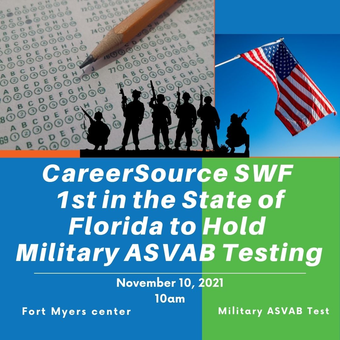 CareerSourceSWF's tweet photo. We are proud to be the 1st in the State of Florida to hold the military ASVAB test at our Fort Myers career center! Now they can take the ASVAB exam at our Fort Myers center location starting November 10th at 10am. #militarytestingsite #asvabtest https://t.co/5TjpPYnSJV