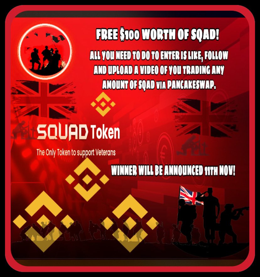 sqadtoken's tweet photo. FREE $100 WORTH OF SQAD!
ALL YOU NEED TO DO TO ENTER IS; LIKE, FOLLOW AND UPLOAD A VIDEO OF YOU TRADING ANY AMOUNT OF SQAD via PANCAKESWAP.
WINNER WILL BE ANNOUNCED 11 NOV!
Contract Address -
0x34464ff4c468b6134591284e46818567139a1d8c
#sqadtoken #crypto #freecrypto https://t.co/iz3HA6A4hx