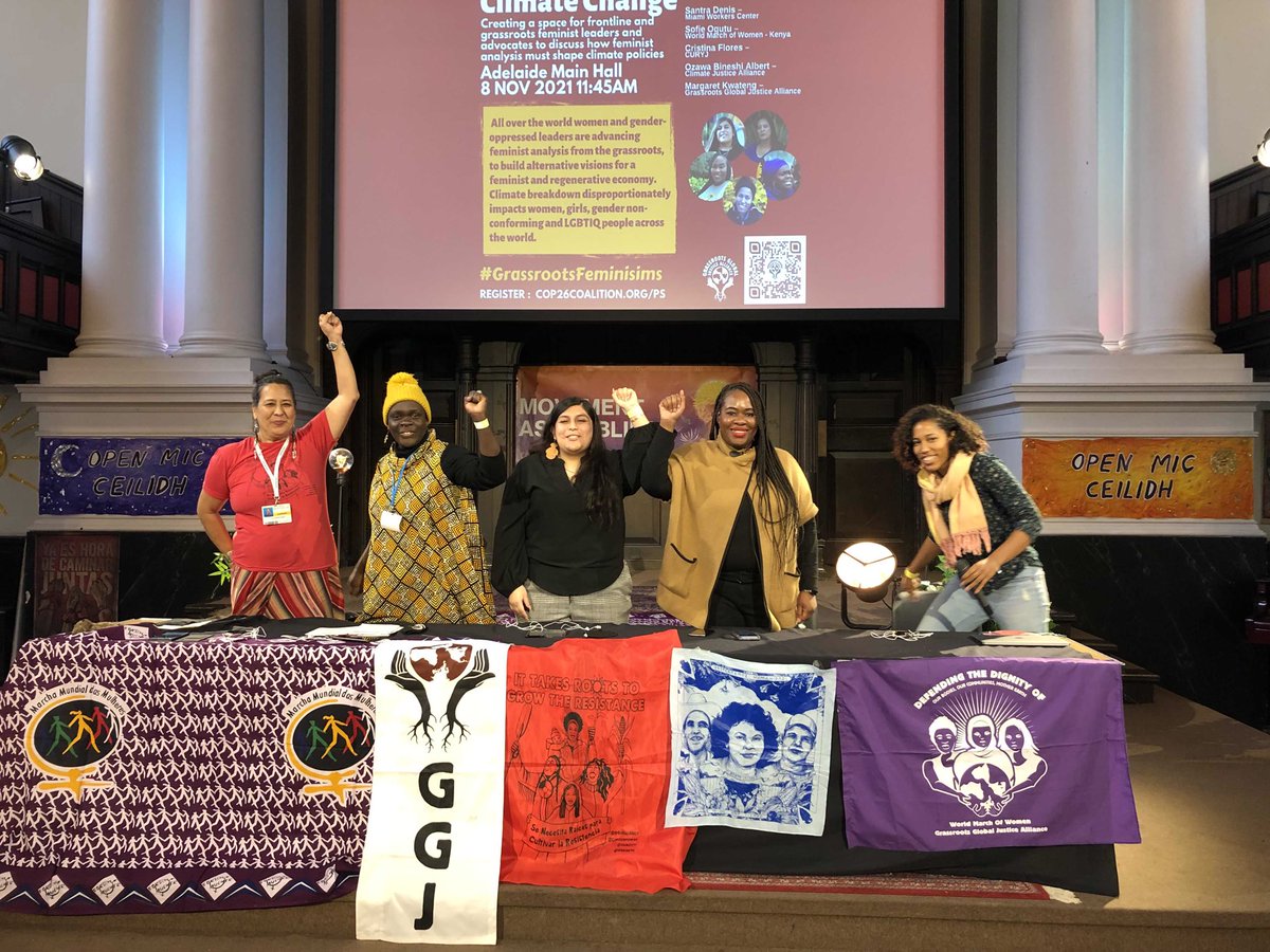 ggjalliance's tweet photo. Today at our #COP26 Grassroots Feminism &amp; #ClimateJustice panel feminist leaders on the frontlines of #ClimateCrisis &amp; fossil fuel resistance-from Oakland to Oklahoma, Kenya to Miami-demand to divest from violent extractive economies to invest in a feminist care economy of life! https://t.co/Jin0sFbUFa
