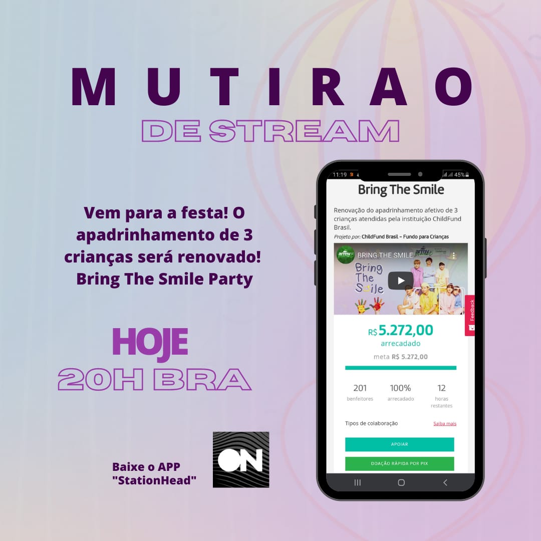 ARMYComAmor_'s tweet photo. A meta da #BringTheSmile | @army_htp foi atingida com SUCESSO!🎉

Junte-se a nós para comemorar o apadrinhamento de 3 criancas em nome do #BTSARMY | @BTS_twt

A @WFVOTING será a fanbase guia para a festa  que se inicia às 20H não percam. 💜 https://t.co/124qsPXwya
