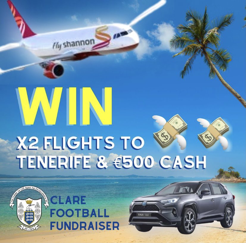 🟨🟦 BONUS DRAW 🟨🟦 Fancy a sunny break? 🌞 WIN TWO RETURN FLIGHTS TO TENERIFE + €500 CASH!!! Shannon Group have kindly sponsored two return tickets to Tenerife from Shannon. To be entered, you must by a ticket before *Thursday midnight*. idonate.ie/raffle/ClareFo…
