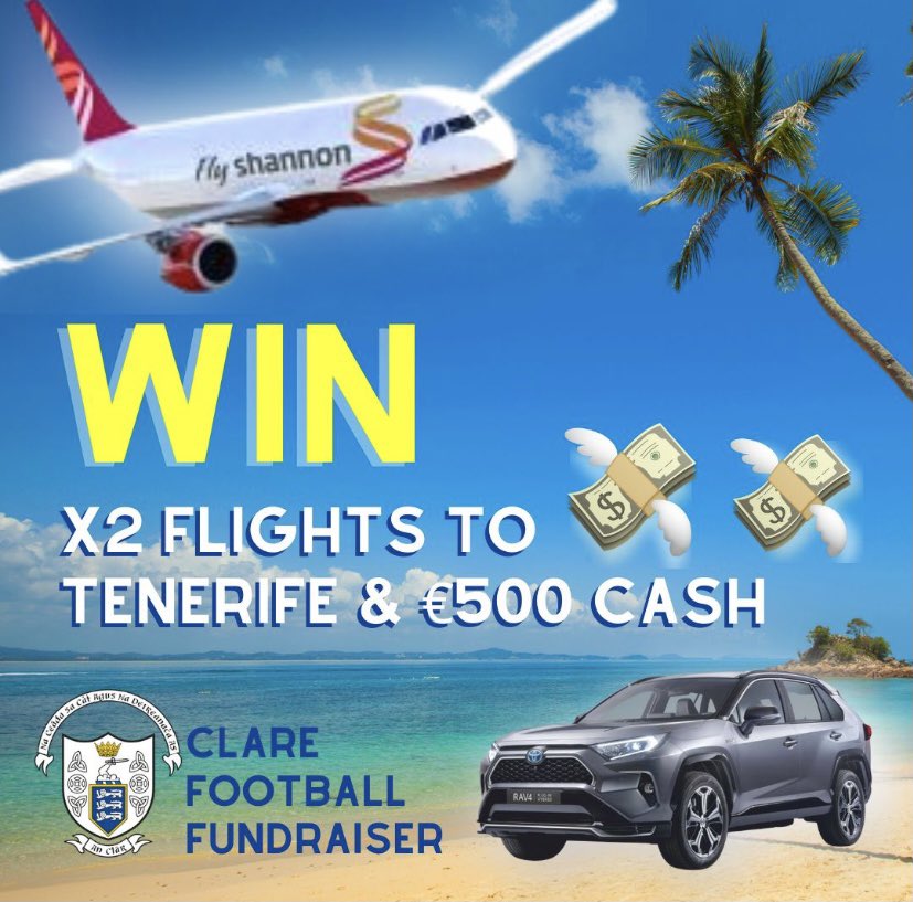 🟨🟦 BONUS DRAW 🟨🟦

Fancy a sunny break? 🌞

WIN TWO RETURN FLIGHTS TO TENERIFE + €500 CASH!!!

Shannon Group have kindly sponsored two return tickets to Tenerife from Shannon.  

To be entered, you must by a ticket before *Thursday midnight*.

idonate.ie/raffle/ClareFo…