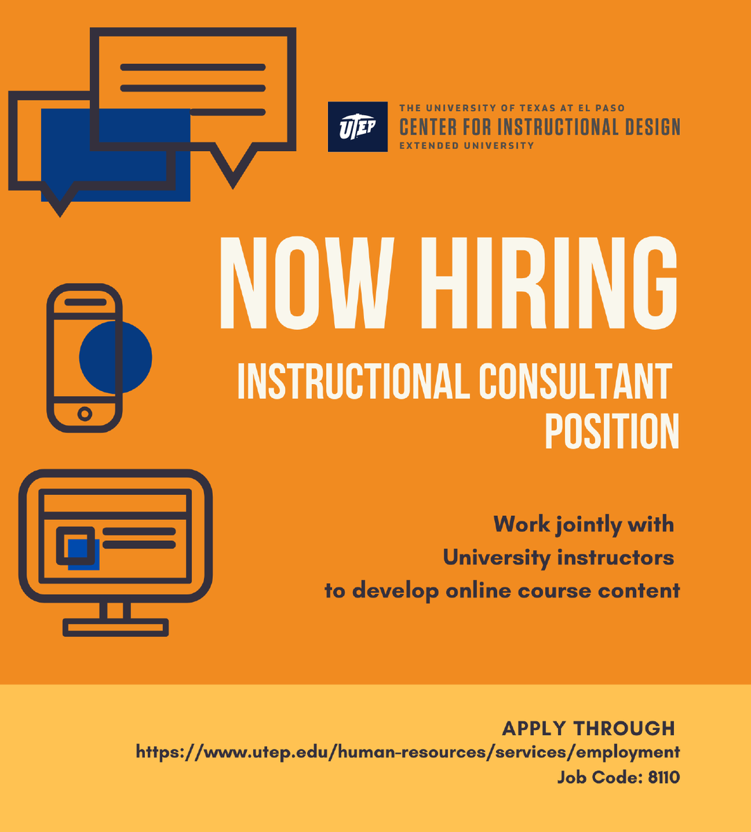 Become our next Instructional Consultant and learn new technical skills. If you have knowledge in programming languages and have two years of related experience in Instructional Design, apply for a full-time position at utep.edu/human-resource…