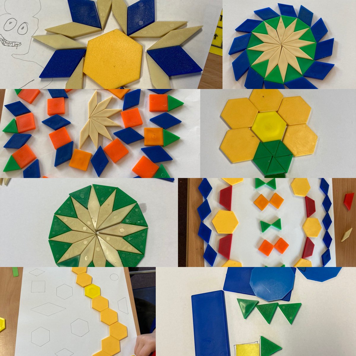 Exploring 2D shapes in 4SW this morning. The children were keen to share their knowledge of corners and sides. They then created some patterns and pictures. #activemaths #childrenleadinglearning #explore #creative