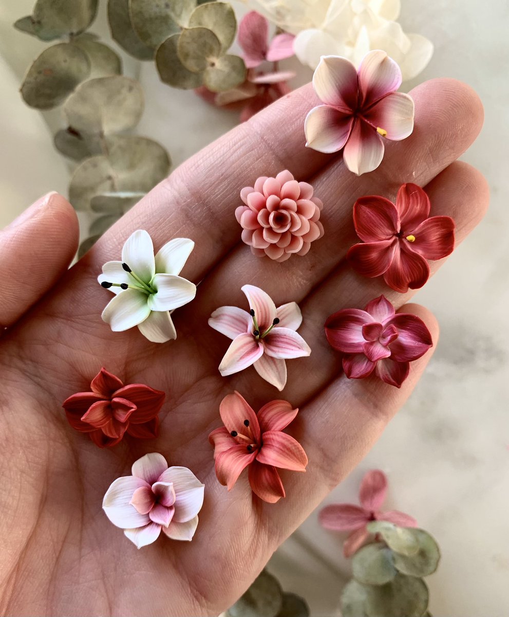 craftedbyari's tweet photo. newest flowers from your clay florist!! 🌸

brand new orchid, lily, hibiscus, &amp; dahlia designs 🤍✨ https://t.co/5h3D8VXBK4