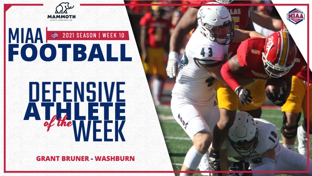 WEEK 1⃣0⃣ MIAA Football Athletes of the Week, presented by @MammothBuilt💪⬇️

<a href="/IchabodFTBL/">Washburn Football</a>'s Grant Bruner was named this week's MIAA Defensive Athlete of the Week🏈👏

Full Story | bit.ly/3BRymeF

#BringYourAGame