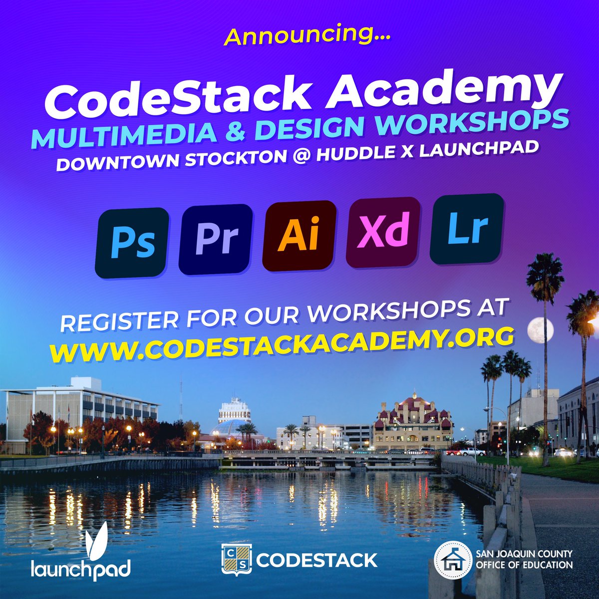 CodeStackStkn's tweet image. We excited to bring our "Let's Learn" Multimedia & Design Workshops to Downtown Stockton. Our workshops will explore Video Production, Photography, Graphic Design and UI/UX Design using the Adobe Creative Cloud Suite.
Register at codestackacademy.org.