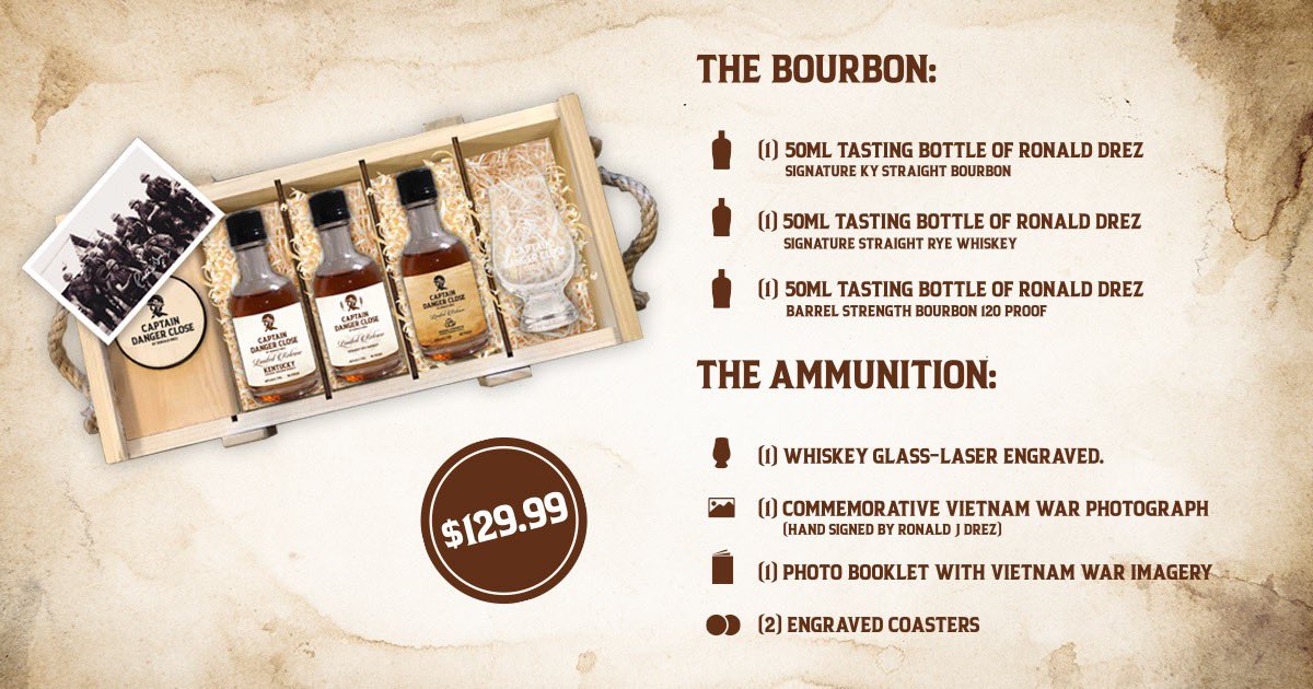 RonaldDrez's tweet photo. Another look inside the box!! You won’t want to miss out on this! 

Pre-orders ship November 17th and pick ups begin the same day! 

#captaindangerclose #bourbon #kentuckybourbon #spirits  #alcohol #drinks #drinkstagram #liquor #marines #veterans #tastingkit #whiskey https://t.co/LLx0D5Z94g