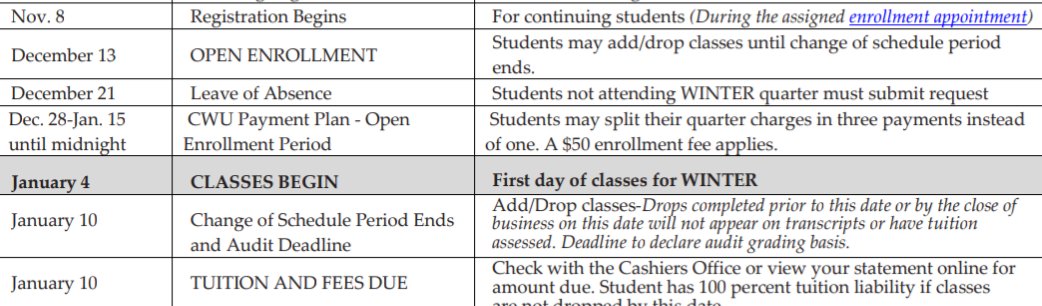 CentralWashU's tweet photo. The countdown to winter quarter is starting! Registration for classes opens today. Log on to https://t.co/hvi4XnTNXw to check your enrollment date! ❄️📚 #CWUTogether https://t.co/XesSU8r1UB