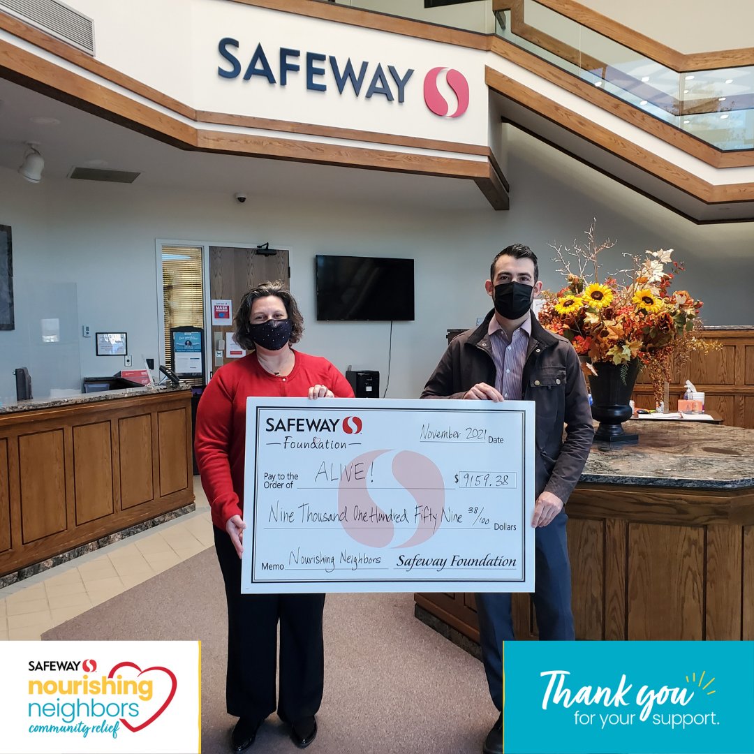 This morning, @Safeway Foundation presented ALIVE! with a $9,159.38 grant to ensure children in the City of Alexandria, VA have access to a healthy breakfast this fall 2021 as part of their #NourishingNeighbors Community Relief Program.